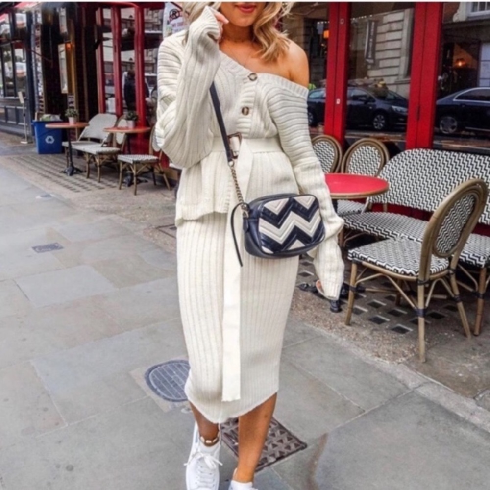 SOLD OUT CLEARANCE Ivory Button Belt Sweater Knit 2 Pc Midi Skirt Set - Picture 2 of 2